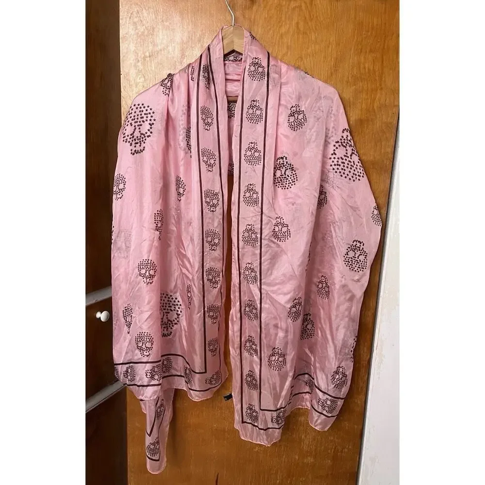 Y2K Pink Black Silk Chiffon Skull Print Rectangle Scarf Shawl Indie Sleaze 44x70